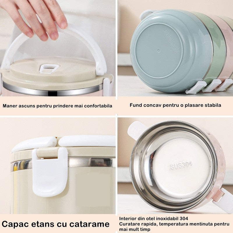 Caserola pentru alimente, lunch box, 700 ml, otel inoxidabil, maner, valva aerisire, inchidere etansa, 15 x 8.5 cm, albastru