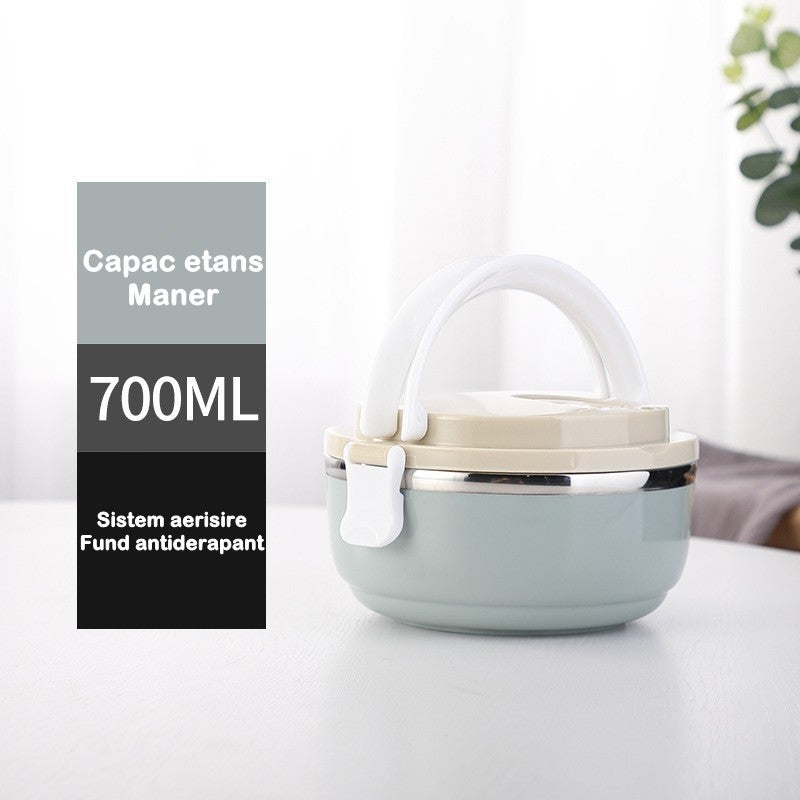 Caserola pentru alimente, lunch box, 700 ml, otel inoxidabil, maner, valva aerisire, inchidere etansa, 15 x 8.5 cm, albastru