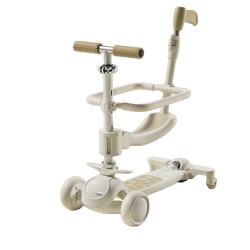 Trotineta Tip Carucior pentru Copii 7in1, Pliabila, Ghidon Reglabil, Parti Detasabile, Lumini LED, Muzica, Suport pentru picioare, Alb