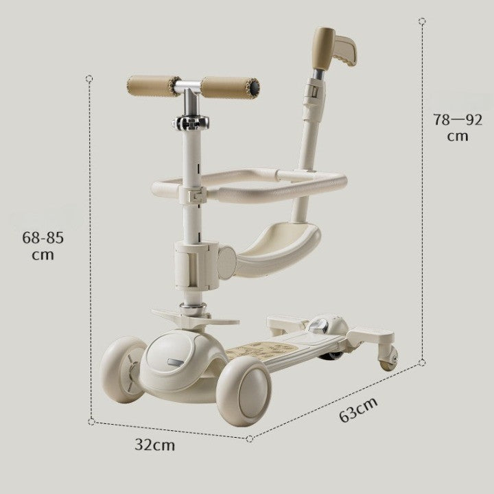 Trotineta Tip Carucior pentru Copii 7in1, Pliabila, Ghidon Reglabil, Parti Detasabile, Lumini LED, Muzica, Suport pentru picioare, Alb