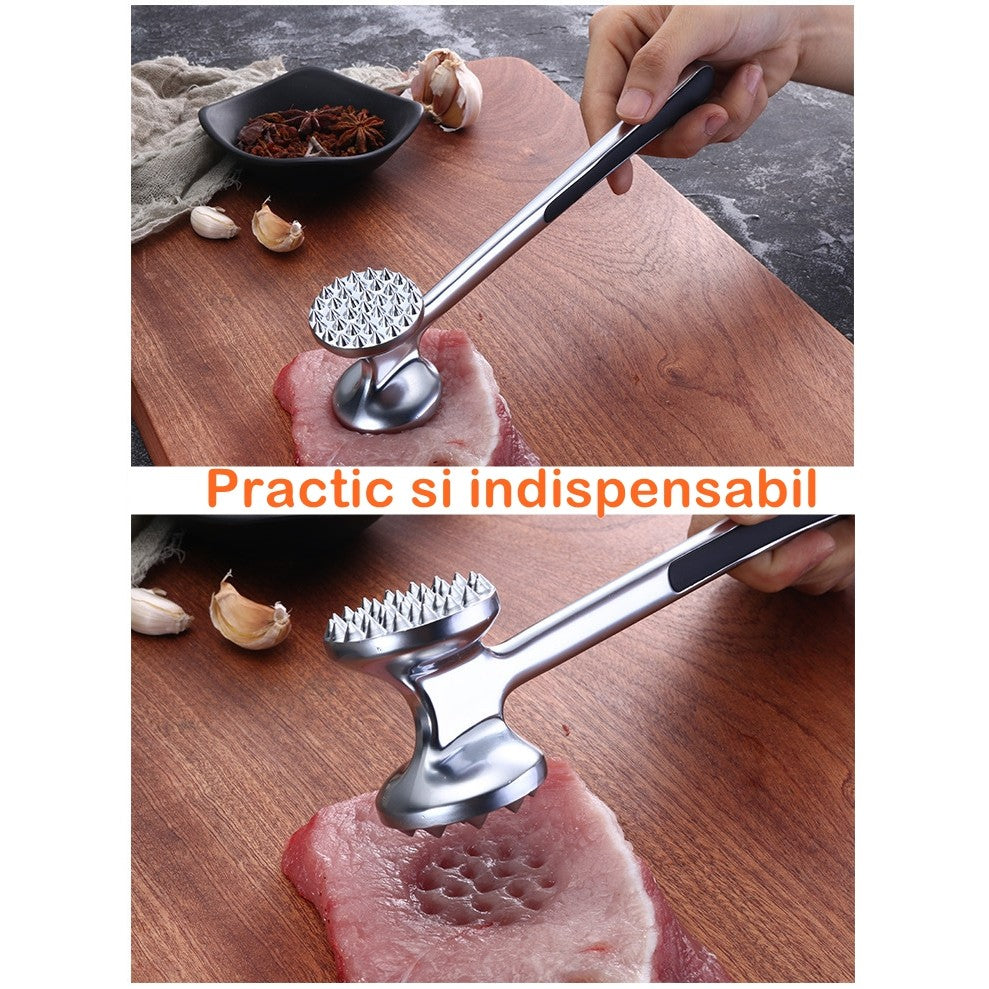 Ciocan pentru snitele si carne, din aliaj de zinc, maner antialunecare, doua capete, 22 cm, argintiu