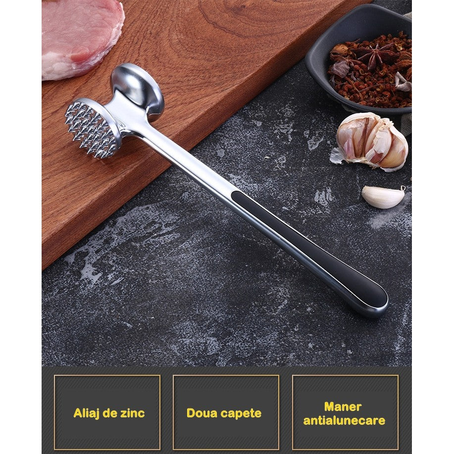 Ciocan pentru snitele si carne, din aliaj de zinc, maner antialunecare, doua capete, 22 cm, argintiu