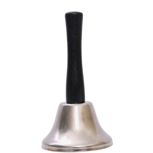 Clopotel de Craciun Metalic, Maner din Lemn, Circumferinta 6.5 cm, Lungime 12 cm, Argintiu