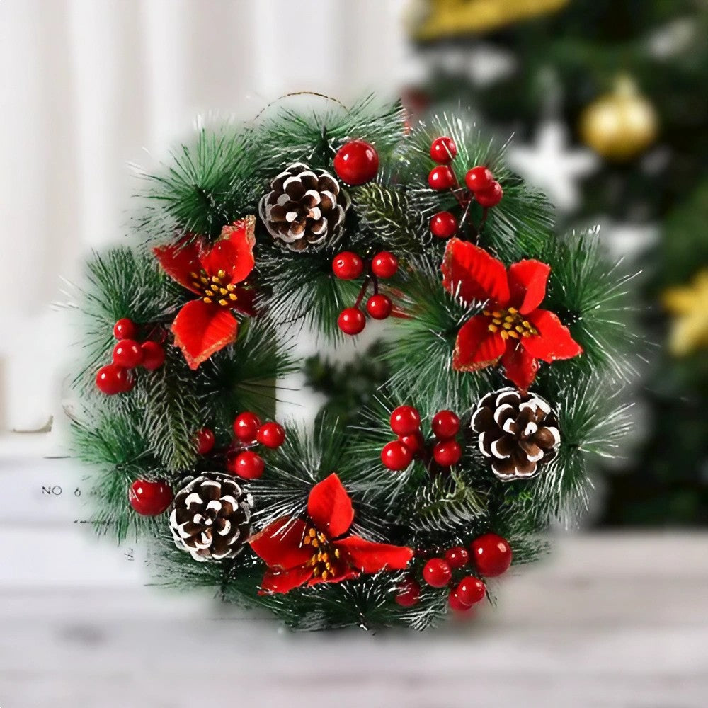 Coronita pentru Craciun , diametru 32 cm, din brad artificial, decorata cu conuri si merisoare, 3 Funde Rosii