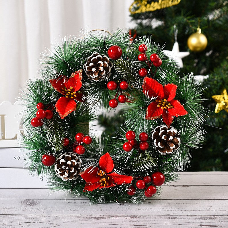 Coronita pentru Craciun , diametru 32 cm, din brad artificial, decorata cu conuri si merisoare, 3 Funde Rosii