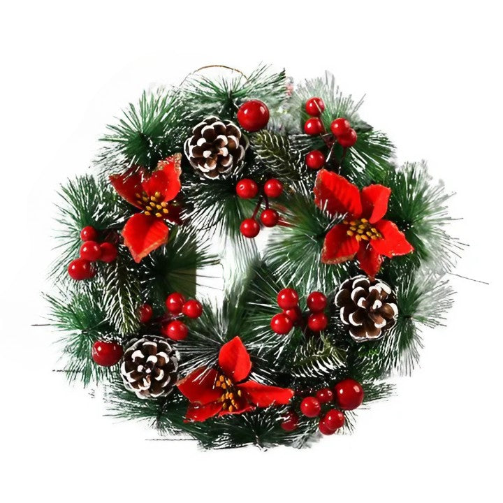 Coronita pentru Craciun , diametru 32 cm, din brad artificial, decorata cu conuri si merisoare, 3 Funde Rosii