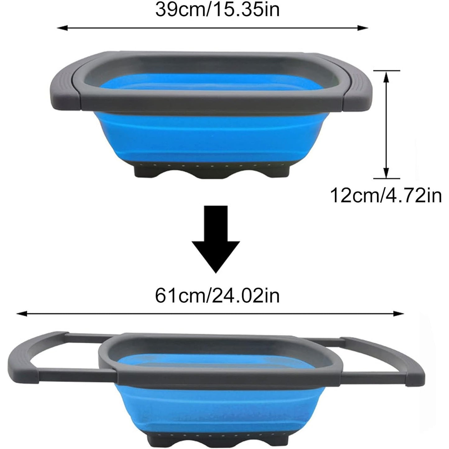 Cos de Scurgere Retractabil pentru Chiuveta, cu Filtru, pentru Fructe si Legume, de Uz Casnic, 39x12 cm, Design Extensibil pana la 61 cm, cu Manere de Prindere, Albastru