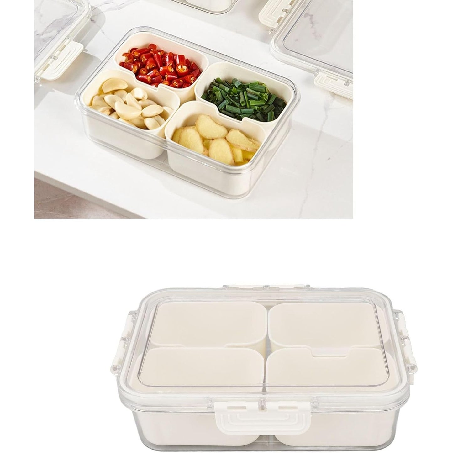 Cutie Alimentara Multifunctionala, pentru Condimente, Gustari, Inchidere Etans, cu Capac si Maner, 4 Compartimente, 25 x 8 x 18 cm, Alb