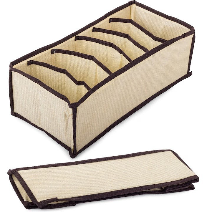 Cutie De Depozitare, Pentru Lenjerie, Sosete Si Sutiene, Material Textil, 6 Compartimente, 32 x 16 x 10 cm, Culoare Bej