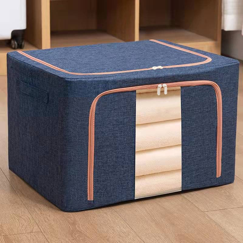 Cutie de depozitare pliabila, Cu fermoar, 100 L, Textil, 60x42x40 cm, Cadru Metalic, Suport Baza Stabil din Plastic, Albastru Marin