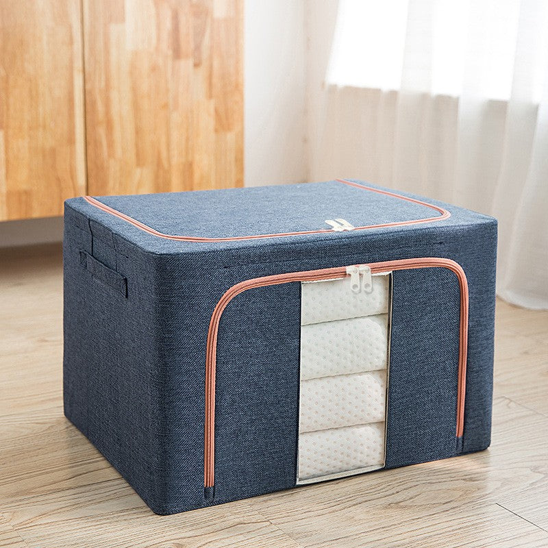 Cutie de depozitare pliabila, Cu fermoar, 100 L, Textil, 60x42x40 cm, Cadru Metalic, Suport Baza Stabil din Plastic, Albastru Marin