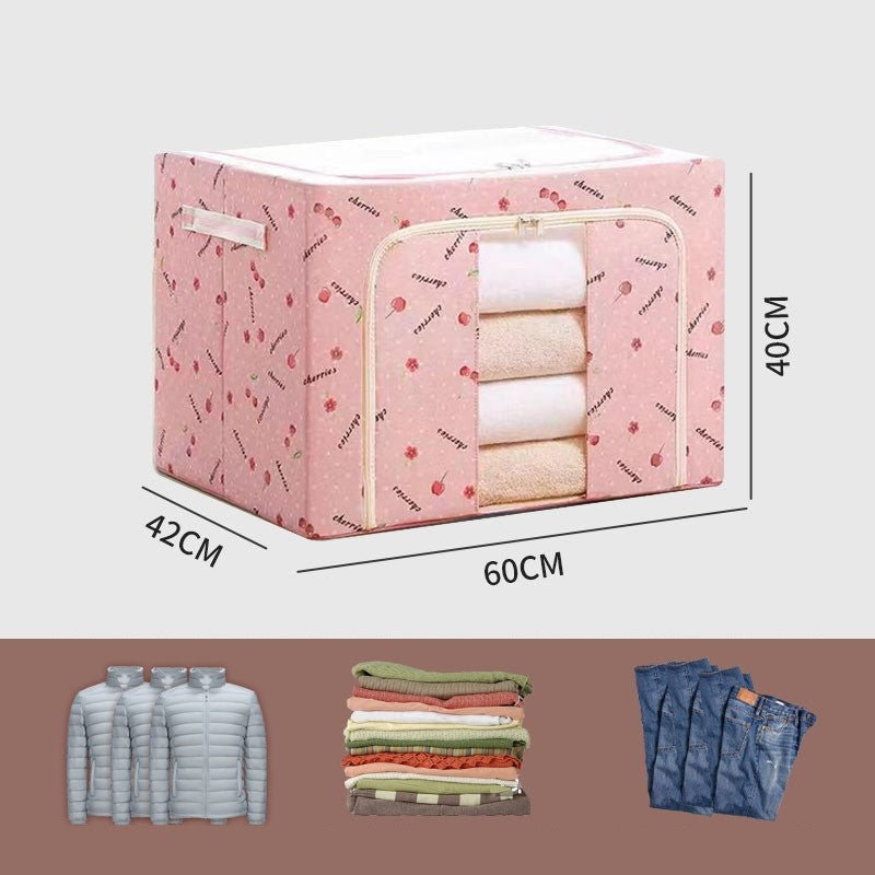 Cutie de Depozitare Pliabila, Cu Fermoar, 100 L, Textil, 60x42x40 cm, cu Fereastra, Cadru Metalic, Suport Baza Stabil din Plastic, Imprimeu Cirese, Roz