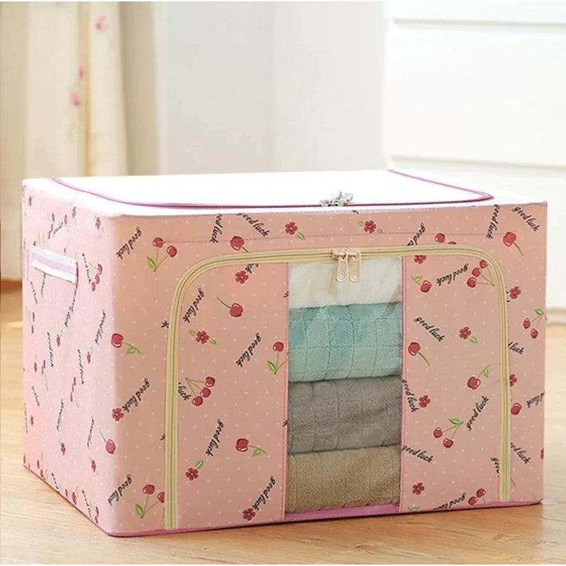 Cutie de Depozitare Pliabila, Cu Fermoar, 100 L, Textil, 60x42x40 cm, cu Fereastra, Cadru Metalic, Suport Baza Stabil din Plastic, Imprimeu Cirese, Roz