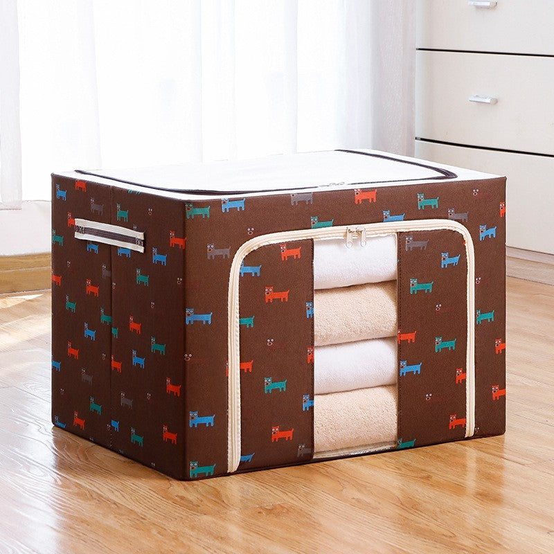 Cutie de Depozitare Pliabila, cu Fermoar, 100 L, Textil, 60x42x40 cm, O Fereastra, Cadru Metalic, Suport Baza Stabil din Plastic, Imprimeu Catelusi, Maro