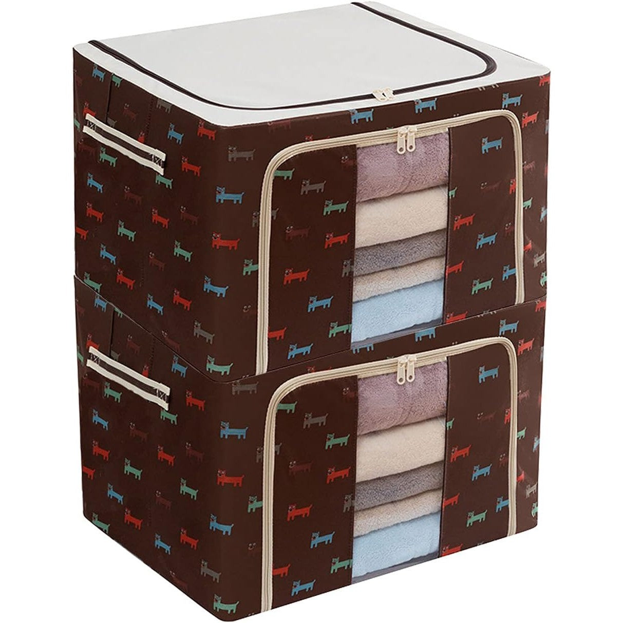 Cutie de Depozitare Pliabila, cu Fermoar, 100 L, Textil, 60x42x40 cm, O Fereastra, Cadru Metalic, Suport Baza Stabil din Plastic, Imprimeu Catelusi, Maro