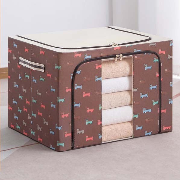 Cutie de Depozitare Pliabila, cu Fermoar, 100 L, Textil, 60x42x40 cm, O Fereastra, Cadru Metalic, Suport Baza Stabil din Plastic, Imprimeu Catelusi, Maro