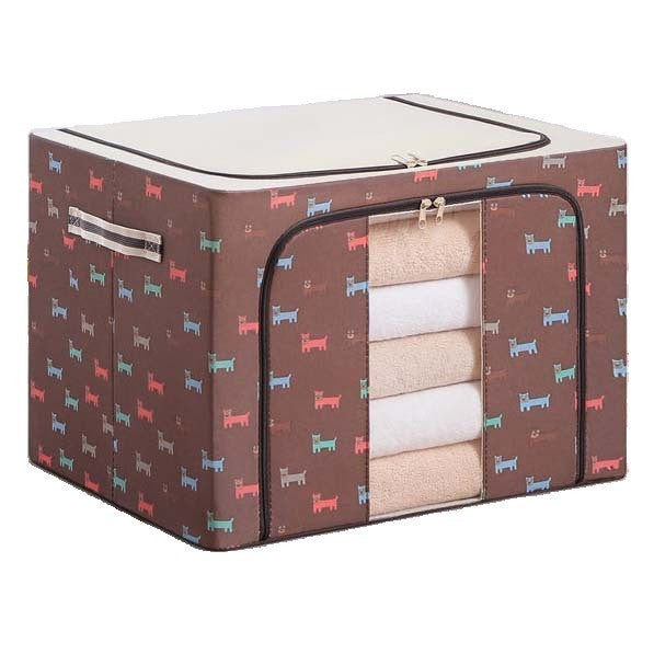 Cutie de Depozitare Pliabila, cu Fermoar, 100 L, Textil, 60x42x40 cm, O Fereastra, Cadru Metalic, Suport Baza Stabil din Plastic, Imprimeu Catelusi, Maro