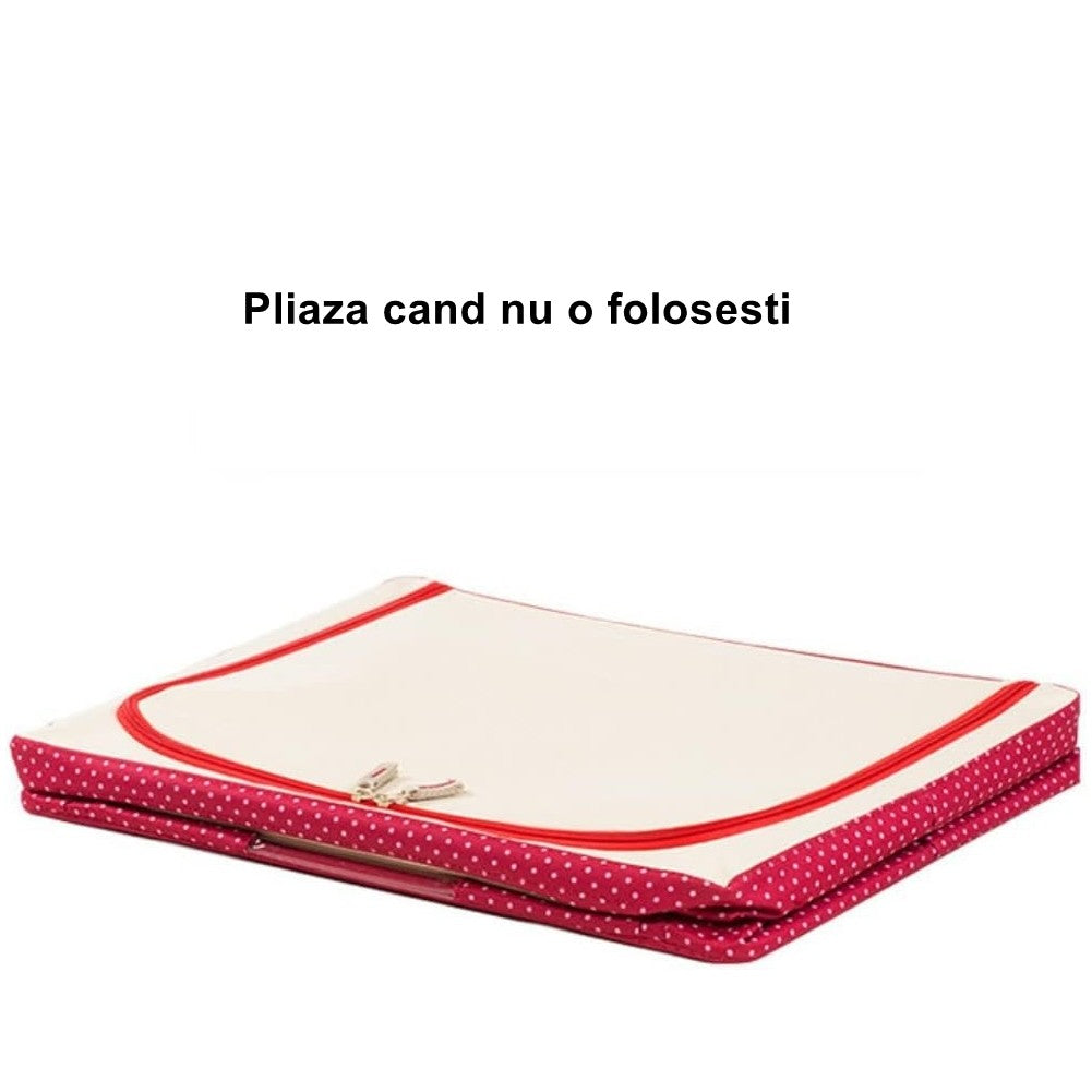 Cutie de Depozitare Pliabila, cu Fermoar, 100 L, Textil, 60x42x40 cm, O Fereastra, Cadru Metalic, Suport Baza Stabil din Plastic, imprimeu punctat, Rosu