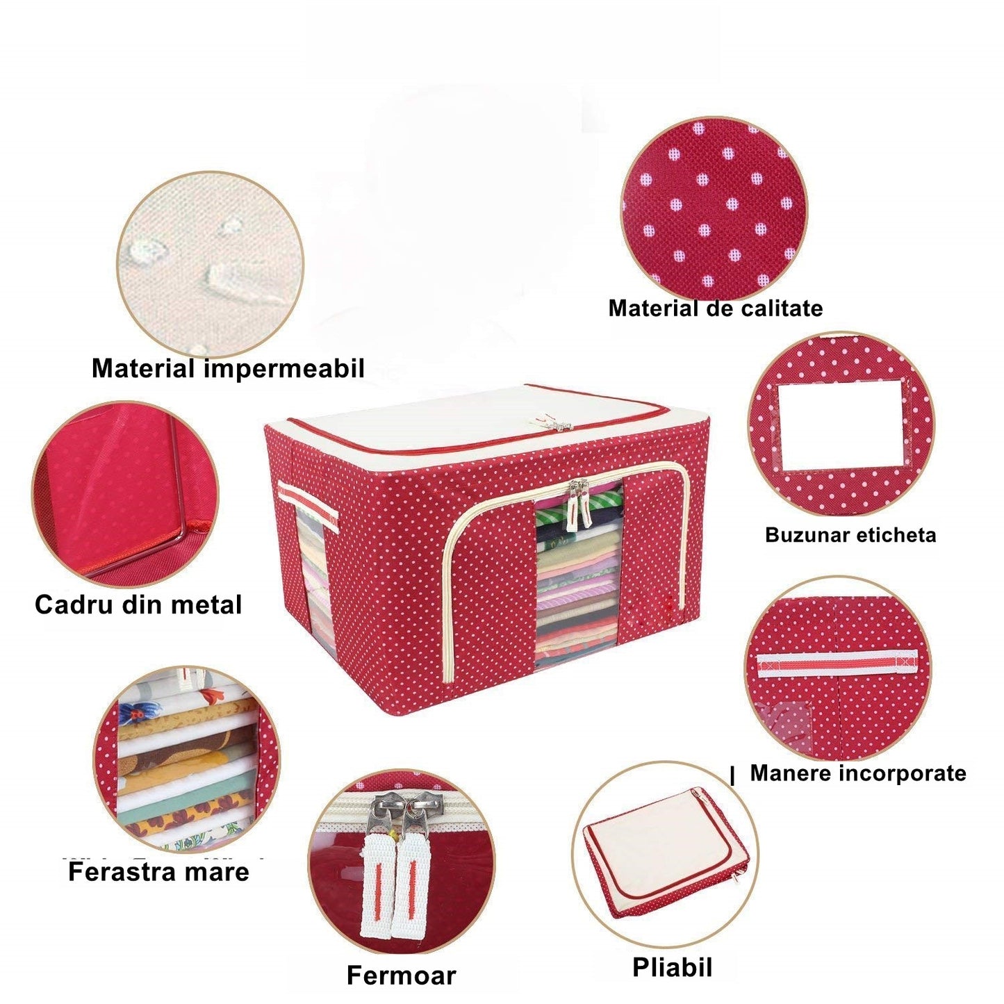 Cutie de Depozitare Pliabila, cu Fermoar, 100 L, Textil, 60x42x40 cm, O Fereastra, Cadru Metalic, Suport Baza Stabil din Plastic, imprimeu punctat, Rosu