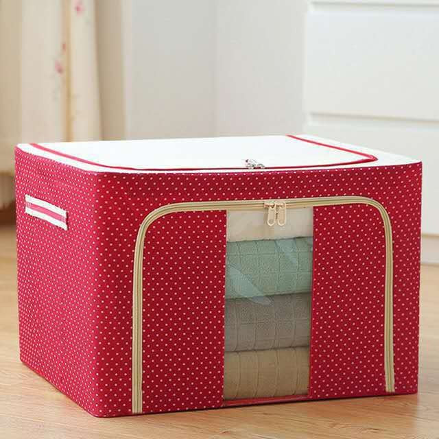 Cutie de Depozitare Pliabila, cu Fermoar, 100 L, Textil, 60x42x40 cm, O Fereastra, Cadru Metalic, Suport Baza Stabil din Plastic, imprimeu punctat, Rosu