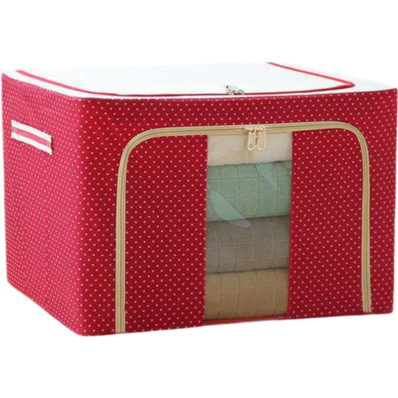 Cutie de Depozitare Pliabila, cu Fermoar, 100 L, Textil, 60x42x40 cm, O Fereastra, Cadru Metalic, Suport Baza Stabil din Plastic, imprimeu punctat, Rosu