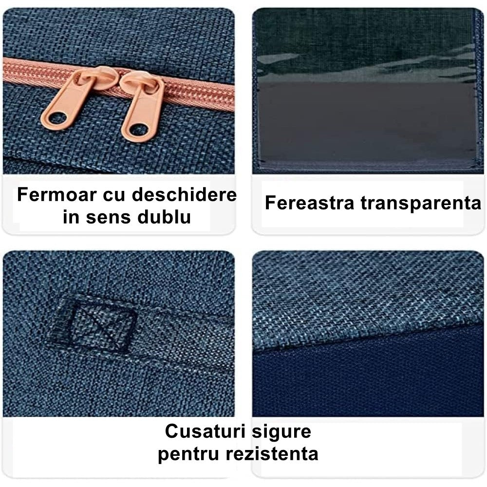 Cutie de Depozitare Pliabila, Cu Fermoar, 24 L, Textil, 40x30x20 cm, Cadru Metalic, Suport Baza Stabil din Plastic, Albastru Marin cu Doua Ferestre
