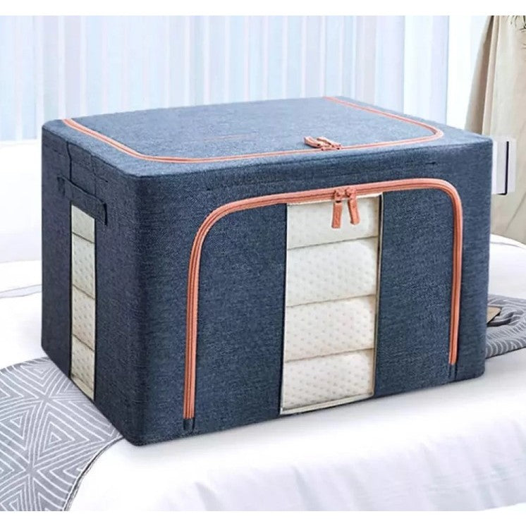 Cutie de Depozitare Pliabila, Cu Fermoar, 24 L, Textil, 40x30x20 cm, Cadru Metalic, Suport Baza Stabil din Plastic, Albastru Marin cu Doua Ferestre