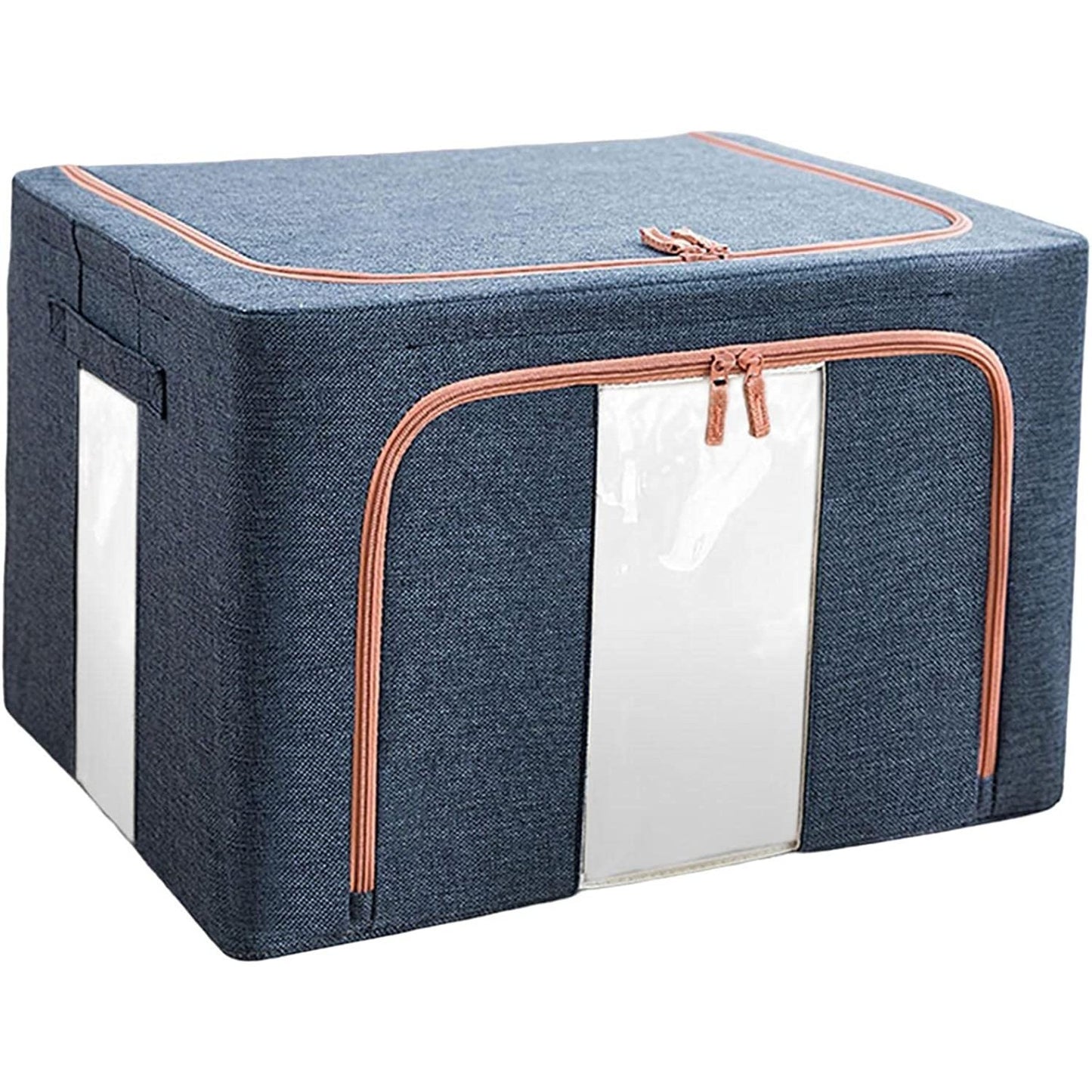 Cutie de Depozitare Pliabila, Cu Fermoar, 24 L, Textil, 40x30x20 cm, Cadru Metalic, Suport Baza Stabil din Plastic, Albastru Marin cu Doua Ferestre