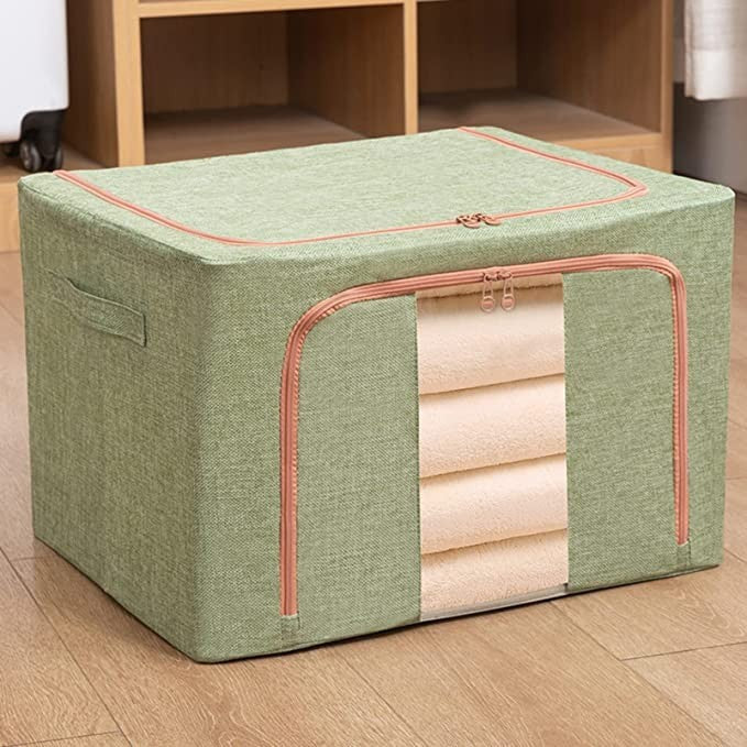 Cutie de Depozitare Pliabila, 24 L, din Bumbac si In, 40x30x20 cm, Fereastra Frontala, 2 Usi de Acces cu Fermoar Bidirectional, Cadru Metalic, Suport Baza Stabil din Plastic, Verde