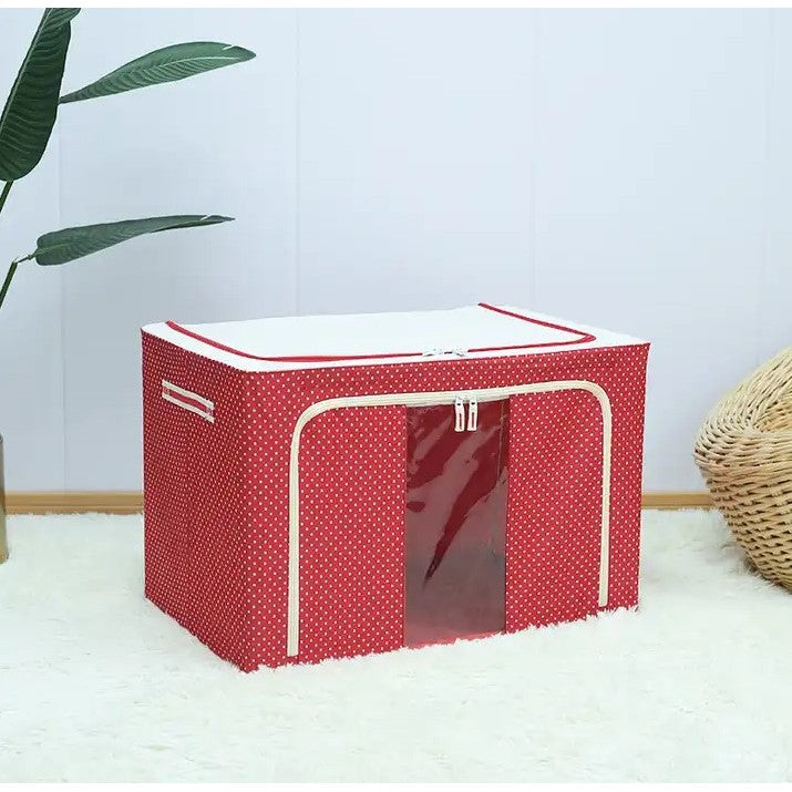 Cutie de Depozitare Pliabila, 24 L, Panza Oxford, 40x30x20 cm, Fereastra Frontala, 2 Usi de Acces cu Fermoar Bidirectional, Cadru Metalic, Suport Baza Stabil din Plastic, Imprimeu Buline, Rosu