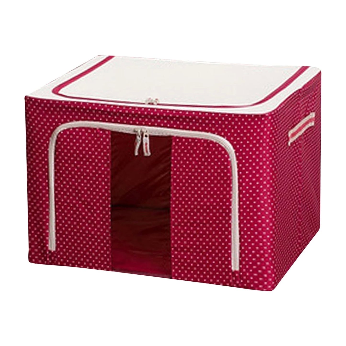 Cutie de Depozitare Pliabila, 24 L, Panza Oxford, 40x30x20 cm, Fereastra Frontala, 2 Usi de Acces cu Fermoar Bidirectional, Cadru Metalic, Suport Baza Stabil din Plastic, Imprimeu Buline, Rosu