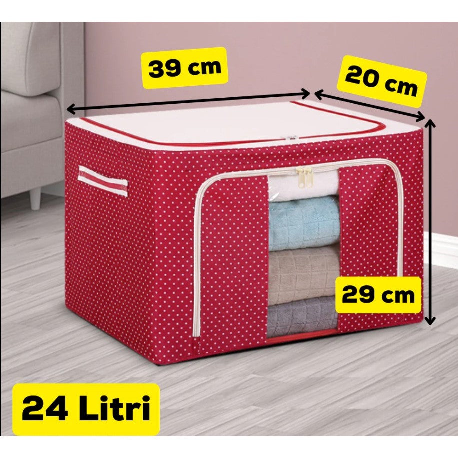 Cutie de Depozitare Pliabila, 24 L, Panza Oxford, 40x30x20 cm, Fereastra Frontala, 2 Usi de Acces cu Fermoar Bidirectional, Cadru Metalic, Suport Baza Stabil din Plastic, Imprimeu Buline, Rosu