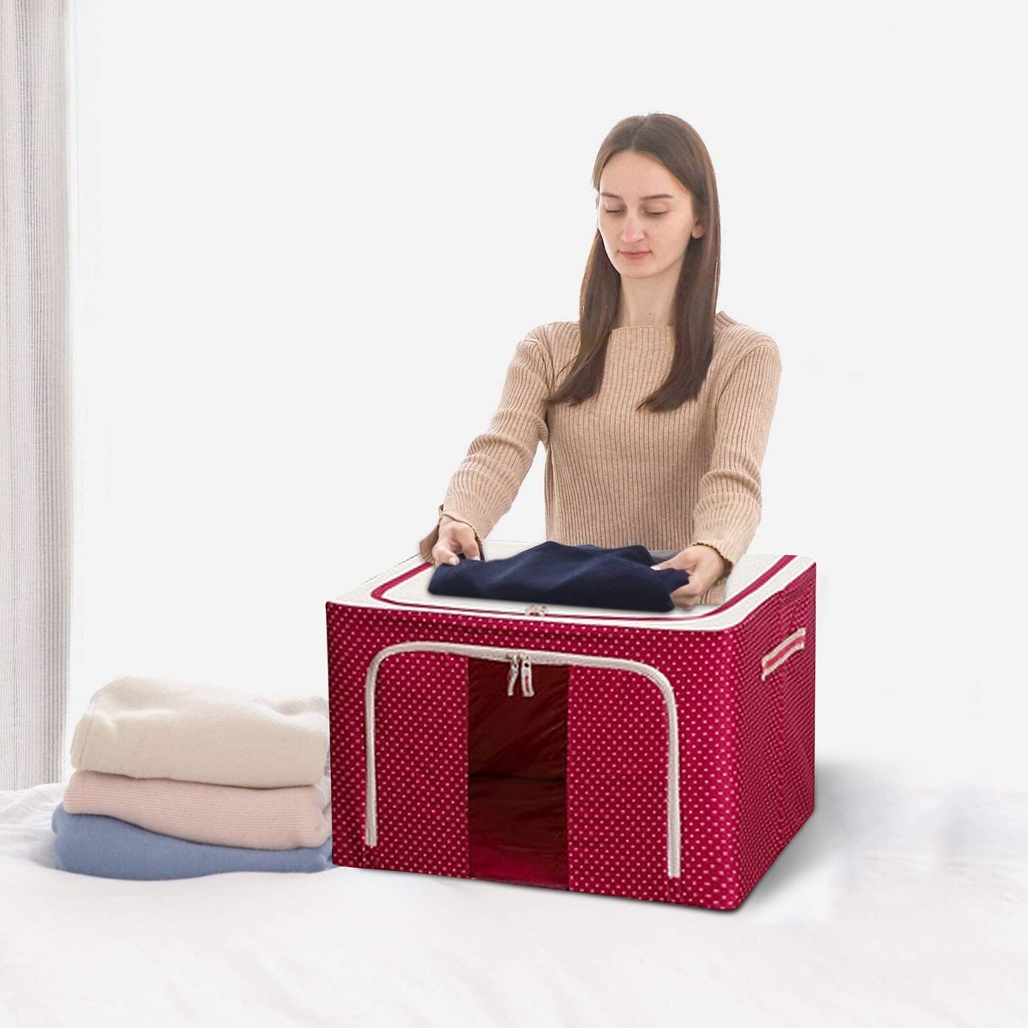Cutie de Depozitare Pliabila, 24 L, Panza Oxford, 40x30x20 cm, Fereastra Frontala, 2 Usi de Acces cu Fermoar Bidirectional, Cadru Metalic, Suport Baza Stabil din Plastic, Imprimeu Buline, Rosu