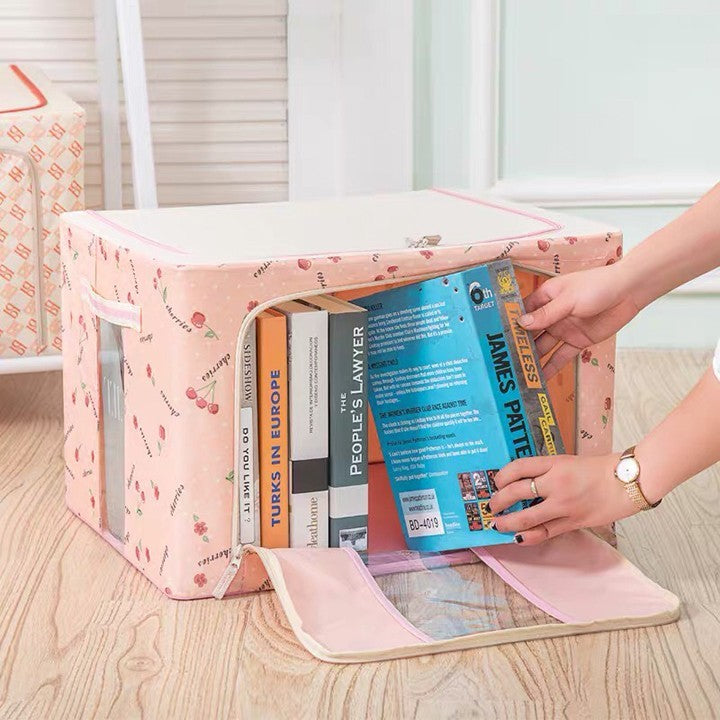 Cutie de Depozitare Pliabila, 24 L, Panza Oxford, 40x30x20 cm, Fereastra Frontala, 2 Usi de Acces cu Fermoar Bidirectional, Cadru Metalic, Suport Baza Stabil din Plastic, Imprimeu Cirese, Roz