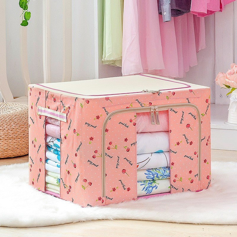 Cutie de Depozitare Pliabila, 24 L, Panza Oxford, 40x30x20 cm, Fereastra Frontala, 2 Usi de Acces cu Fermoar Bidirectional, Cadru Metalic, Suport Baza Stabil din Plastic, Imprimeu Cirese, Roz