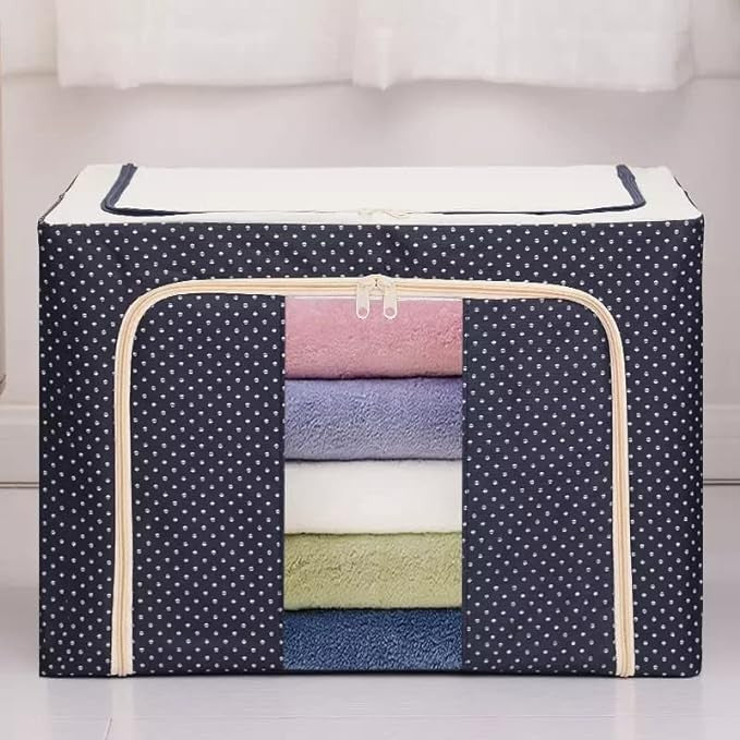 Cutie de Depozitare Pliabila, 66 L, din Panza Oxford, 50x40x33 cm, 2 Ferestre, Frontala si Laterala, 2 Usi de Acces cu Fermoar Bidirectional, Cadru Metalic, Suport Baza Stabil din Plastic, Imprimeu Buline, Albastru Marin