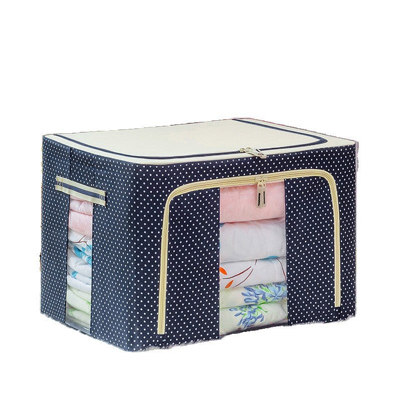 Cutie de Depozitare Pliabila, 66 L, din Panza Oxford, 50x40x33 cm, 2 Ferestre, Frontala si Laterala, 2 Usi de Acces cu Fermoar Bidirectional, Cadru Metalic, Suport Baza Stabil din Plastic, Imprimeu Buline, Albastru Marin