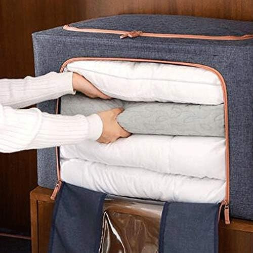 Cutie de depozitare pliabila, Cu fermoar, 66 L, Textil, 50x40x33 cm, Albastru Marin, Cadru Metalic, Suport Baza Stabil din Plastic, Cu doua ferestre