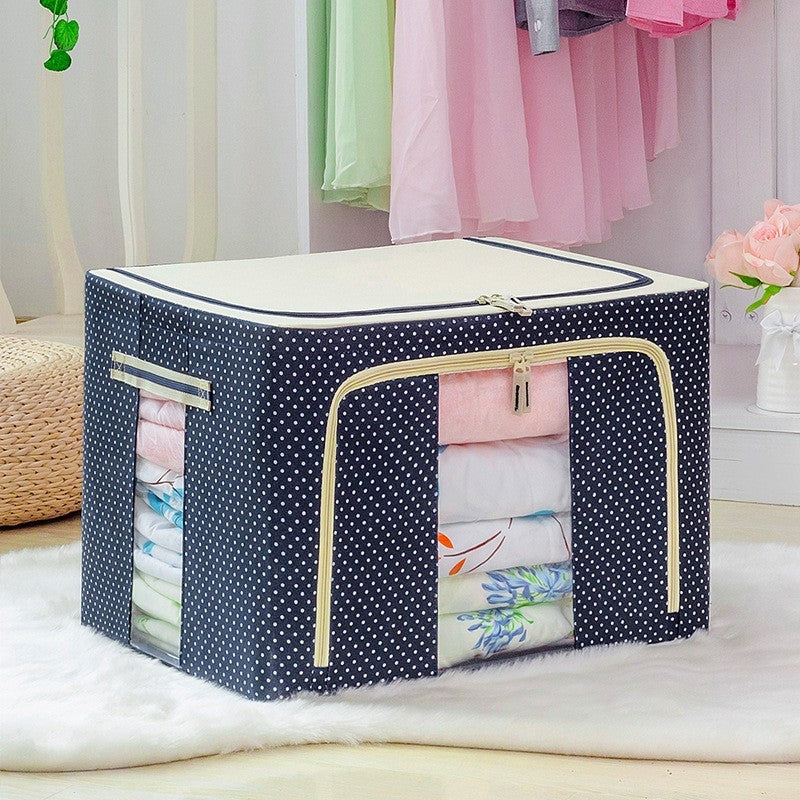 Cutie de Depozitare Pliabila, 66 L, din Panza Oxford, 50x40x33 cm, 2 Ferestre, Frontala si Laterala, 2 Usi de Acces cu Fermoar Bidirectional, Cadru Metalic, Suport Baza Stabil din Plastic, Imprimeu Buline, Albastru Marin
