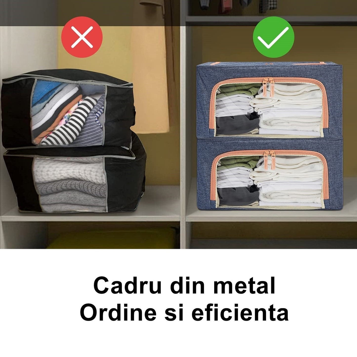 Cutie de depozitare pliabila, Cu fermoar, 66 L, Textil, 50x40x33 cm, Albastru Marin, Cadru Metalic, Suport Baza Stabil din Plastic, Cu doua ferestre