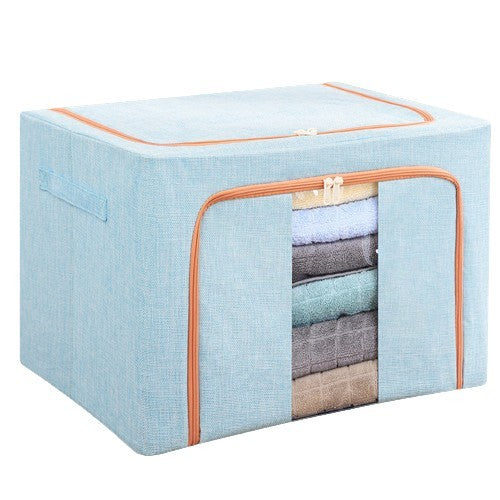 Cutie de Depozitare Pliabila, 66 L, din Bumbac si In, 50x40x33 cm, Fereastra Frontala, 2 Usi de Acces cu Fermoar Bidirectional, Cadru Metalic, Suport Baza Stabil din Plastic, Bleu