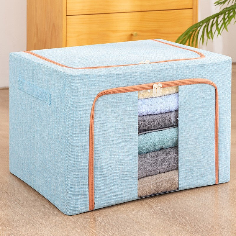 Cutie de Depozitare Pliabila, 66 L, din Bumbac si In, 50x40x33 cm, Fereastra Frontala, 2 Usi de Acces cu Fermoar Bidirectional, Cadru Metalic, Suport Baza Stabil din Plastic, Bleu