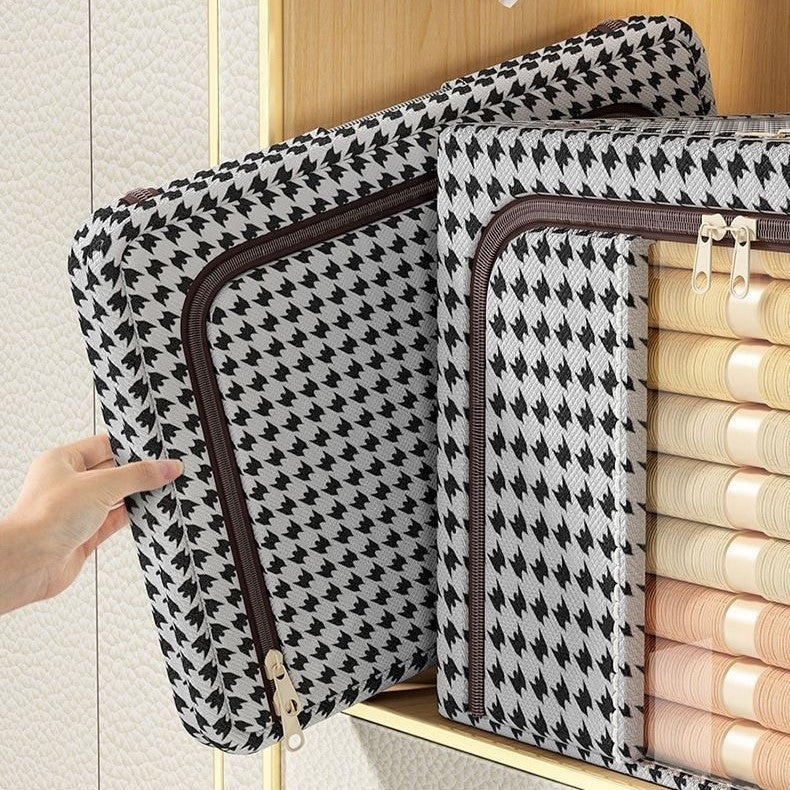 Cutie de Depozitare Pliabila, Cu fermoar Bidirectional, 100 L, Textil, 60x42x40 cm, Cadru Metalic, o Fereastra, Suport Baza Stabil din Plastic, Design Zebra, Alb Negru