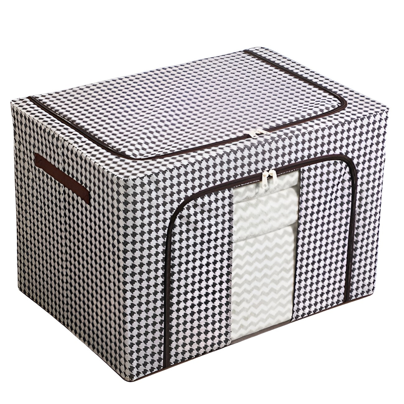Cutie de Depozitare Pliabila, Cu fermoar Bidirectional, 100 L, Textil, 60x42x40 cm, Cadru Metalic, o Fereastra, Suport Baza Stabil din Plastic, Design Zebra, Alb Negru