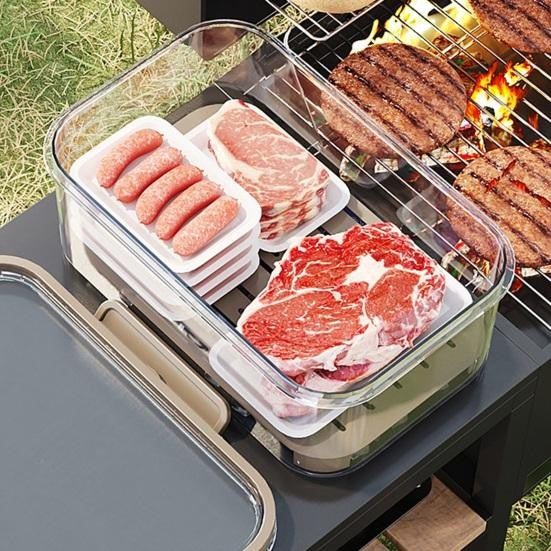 Cutie de Depozitare Portabila, cu Separator pentru Gheata si Scurgere, Mentine Rece, Caserola Pranz, 25x16.5x11.5 cm, Verde/Transparent