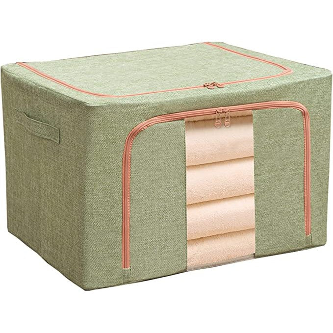 Cutie de Depozitare Pliabila, 24 L, din Bumbac si In, 40x30x20 cm, Fereastra Frontala, 2 Usi de Acces cu Fermoar Bidirectional, Cadru Metalic, Suport Baza Stabil din Plastic, Verde