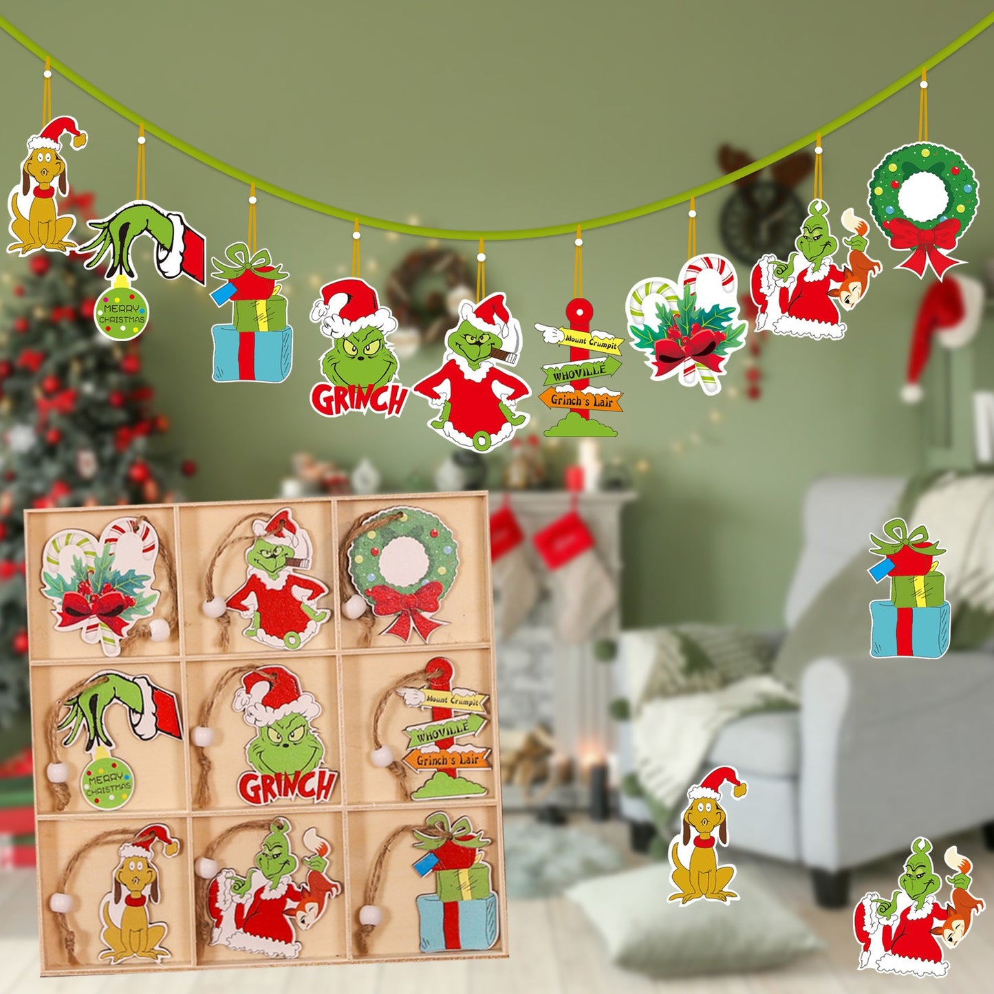 Set 18 Decoratiuni de Craciun din Lemn, cu Snur pentru Agatare in Brad, Model Grinch, Diferite Dimensiuni, Multicolor