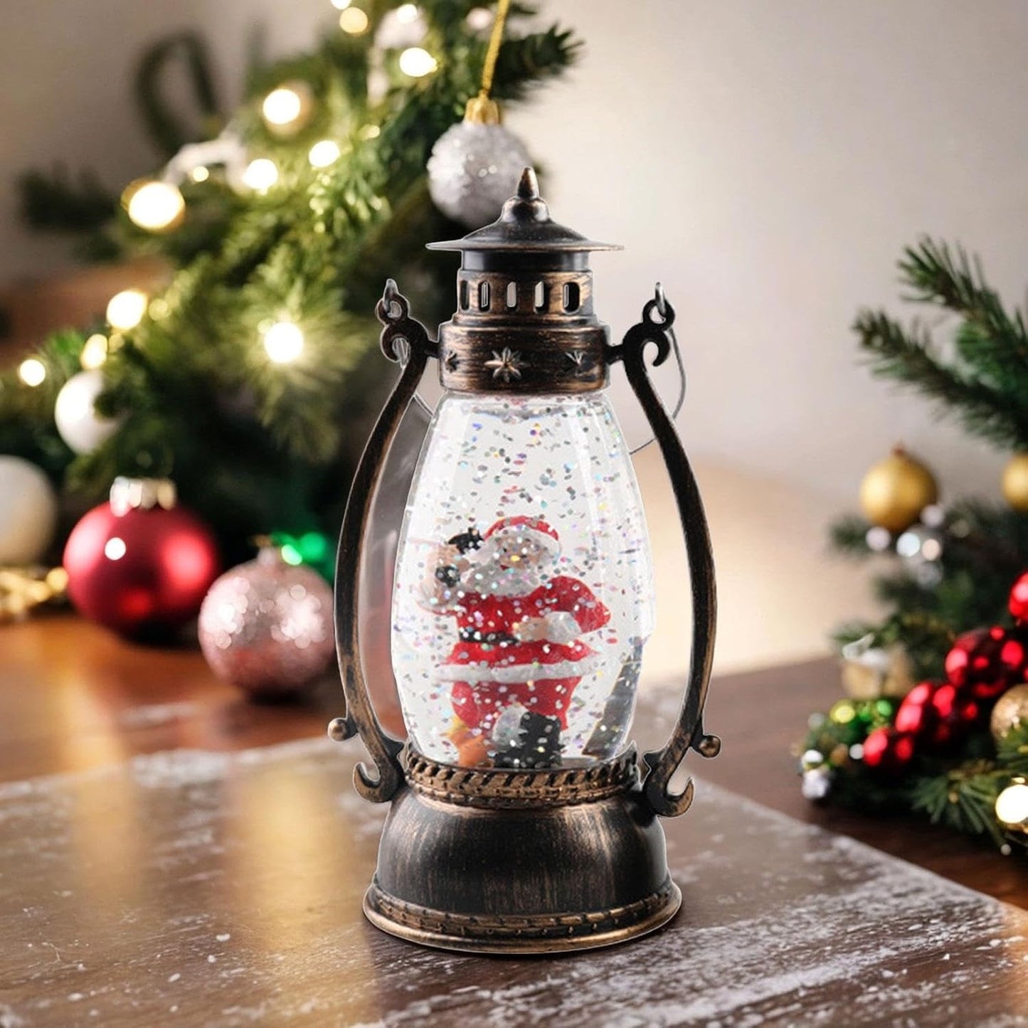 Felinar de Craciun, cu Lumina LED, Ornament Model Lampa cu Ulei Mos Craciun, cu Maner, 14x7x6 cm