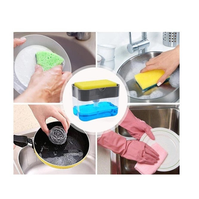 Dozator , Dispenser 2 in 1 pentru Detergent Lichid de Vase sau pentru Obiecte Sanitare cu Suport pentru Burete de Bucatarie ,14 x 10.5 x 10 cm, capacitate 380 ml, gri