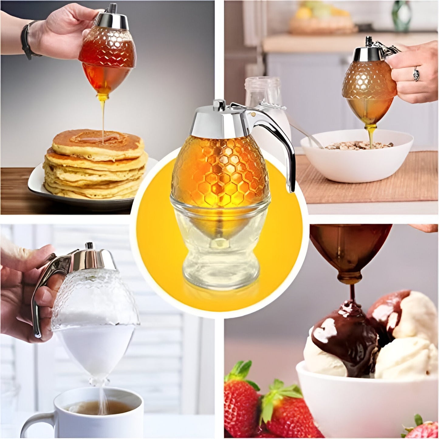 Dozator de Miere, Dispenser fara Picurare, Borcan Tip Fagure, fara Scurgeri, pentru Zahar si Sirop, 15x8 cm, Transparent